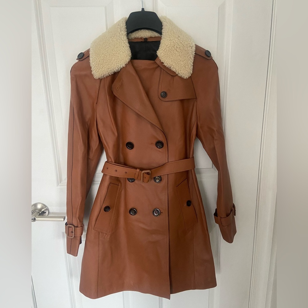 Coach Women's Brown Leather Trench Coat with Shearling Collar